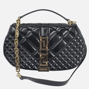 VERSACE GRECA GODDESS BLACK LEATHER HAND BAG W/CHAIN STRAP 1011178